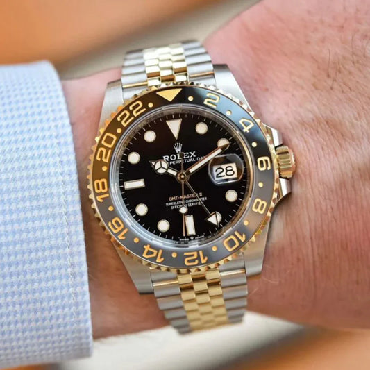 ROLEX GMT MASTER GOLD SILVER BLACK METAL WATCH (WITH OG BOX)