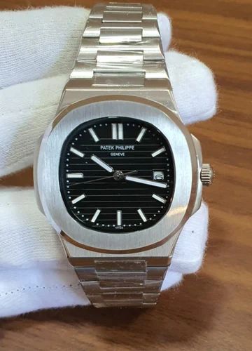 Patek Phillipe Nautilus Silver Black Metal premium Automatic Shahrukh khan Watch [OPEN BACK]